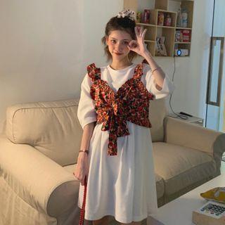 Elbow-sleeve T-shirt Dress / Floral Print Shirred Camisole Top