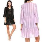 3/4-sleeve Striped Tulle Dress