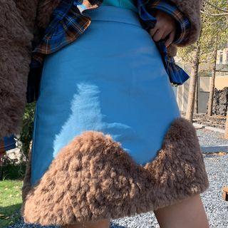 Furry Trim Faux Leather A-line Skirt