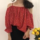 Heart Print Off Shoulder Elbow-sleeve Top Red - One Size