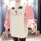 Cat Print Fleece Trim Sleeve Long Pullover