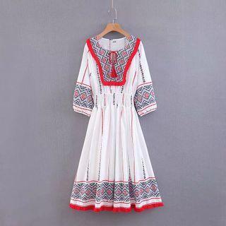 Puff-sleeve Embroidered Panel Midi A-line Dress White - One Size