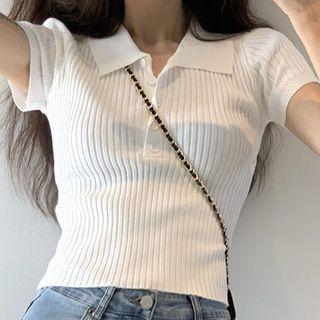 Short-sleeve Half-button Plain Knit Top