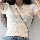 Short-sleeve Half-button Plain Knit Top