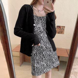 Spaghetti Strap Zebra Print Midi A-line Dress / Cardigan / Set