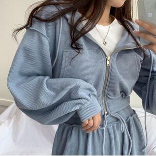 Set: Hooded Zip Cropped Jacket + Wide-leg Pants