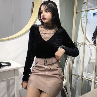 Long-sleeve Mesh Panel Velvet Top / Faux Leather Mini A-line Skirt