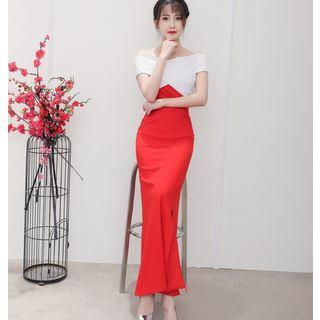 Panel Off-shoulder Short-sleeve Dress