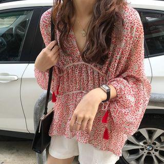 V-neck Long-sleeve Floral Chiffon Blouse