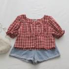 Agaric Laces Square Collar Plaid Short-sleeved Top Red - One Size