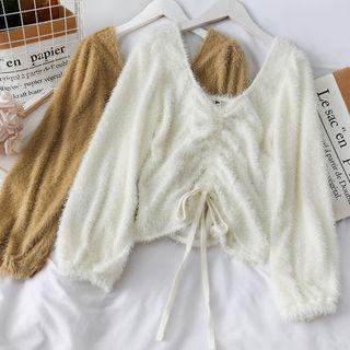 V-neck Drawstring Fringed Crop Blouse