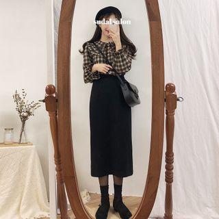 Plaid Blouse / Midi Pencil Skirt