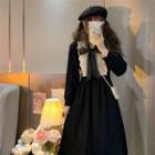 Long-sleeve Ribbon Lace Panel Midi A-line Dress