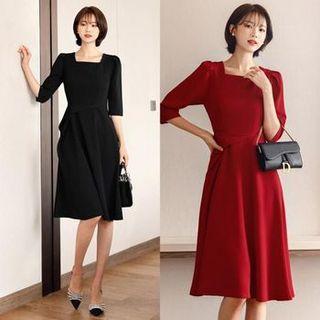 Square-neck Wrap-detail Flare Dress