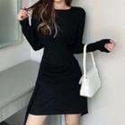Plain Long-sleeve Irregular Hem Mini A-line Dress