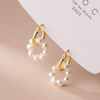 Faux Pearl Sterling Silver Dangle Earring 1 Pair - Gold & White - One Size