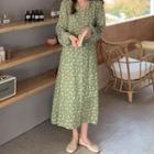 Long-sleeve Floral Print A-line Dress Green - One Size