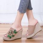 Wedge Heel Floral Embroidered Slide Sandals