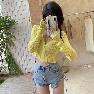 Plain Long-sleeve Knitted Cropped Cardigan
