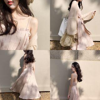 Spaghetti-strap Pleated A-line Midi Dress