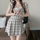 Cap-sleeve Plaid Pleated Mini A-line Dress