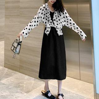 Dotted Shirt / Open Back Midi Spaghetti Strap Dress