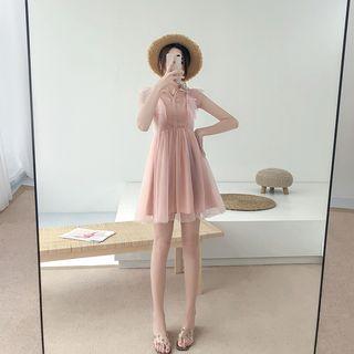 Mesh Panel Collared Sleeveless Dress