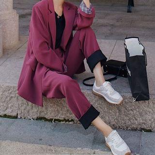 Set : Plaid Panel Blazer + High-waist Straight Cut Pants