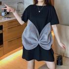 Bow Panel Plain Short-sleeve Mini Dress Black - One Size