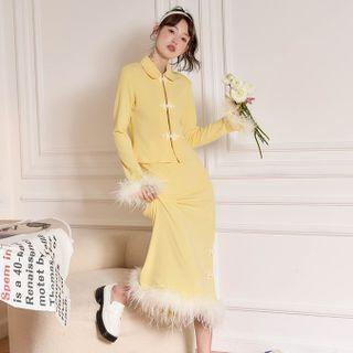 Long-sleeve Frog-button Top / Midi Pencil Skirt