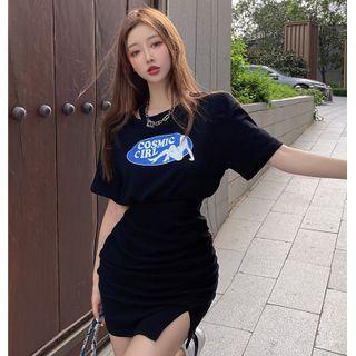Side-slit Cutout Printed Mini T-shirt Dress