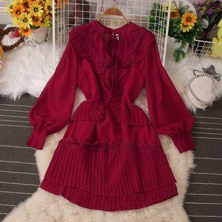 Long-sleeve Collared Pleated Trim A-line Dress