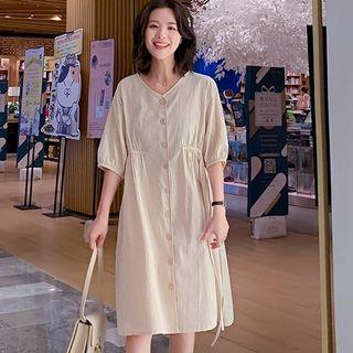 Plain Elbow-sleeve Buttoned A-line Dress