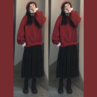 Lace Trim Fleece Sweatshirt / Pleated Midi A-line Skirt / Set
