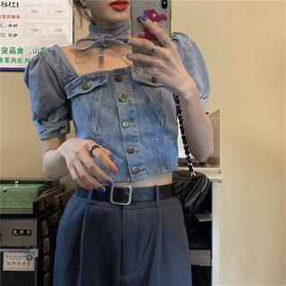 Short-sleeve Buttoned Denim Crop Top / A-line Mini Dress