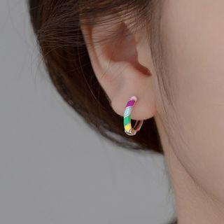 Glaze Sterling Silver Hoop Earring 1 Pair - S925 Silver - Purple & Yellow - One Size