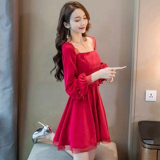 Puff-sleeve Mesh Panel Corduroy Mini A-line Dress