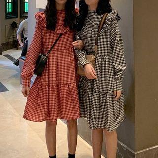Long-sleeve Plaid Ruffled Chiffon Dress