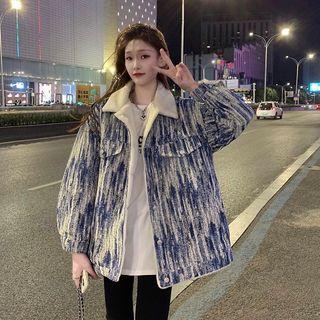 Fleece Collar Tie-dye Print Jacket Blue & White - One Size