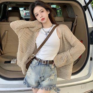 Lettering Crop Tank Top / Open Front Cardigan / Mid Rise Distressed Denim Shorts / Set