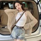 Lettering Crop Tank Top / Open Front Cardigan / Mid Rise Distressed Denim Shorts / Set