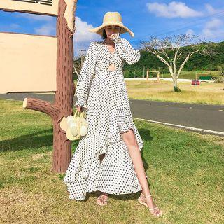 Long-sleeve V-neck Dotted Cutout-waist Maxi Dress