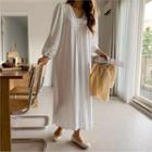 Banded-neckline Balloon-sleeve Maxi Dress