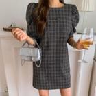 Puff-sleeve Checked Mini Tweed Dress