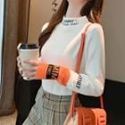 High-neck Long-sleeve Lettering Color Block Knit Top