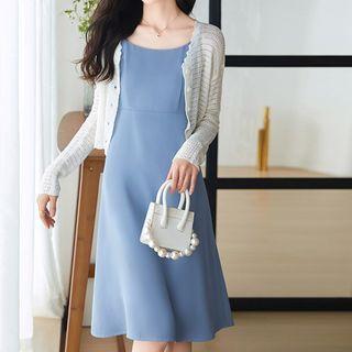 Spaghetti-strap Plain A-line Dress / Cardigan / Set