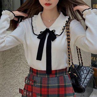 Contrast Trim Collared Sweater / Midi A-line Overall Dress