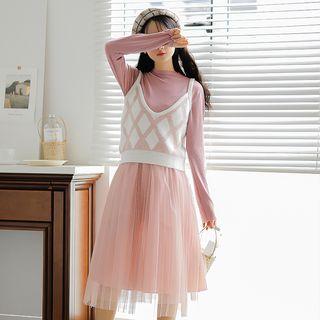 Set: Knit Camisole + Long-sleeve Mesh Panel Midi Dress