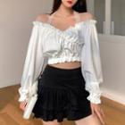 Lace Halter Long-sleeve Off-shoulder Plain Ruffled-trim Cropped Top