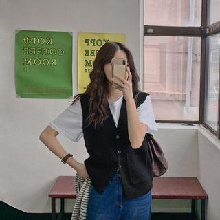 V-neck Button-up Ribbed Sweater Vest